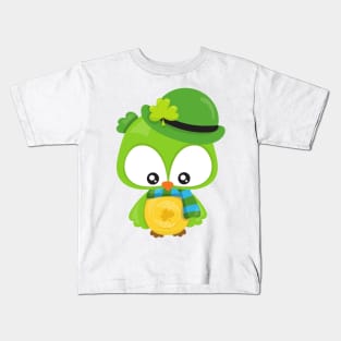 Saint Patrick's Day Owl, Clovers, Leprechaun Hat Kids T-Shirt